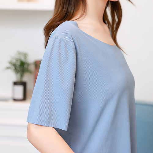 Ribbed Ice Silk Home Set Women Spring Summer Wide Leg Pants Wear Casual Home Ultra Thin Cool Sensation Short Sleeve Pajamas
