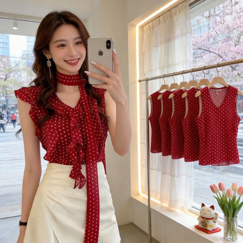 French-Style Polka Dot Shirt with Printed Ribbon, New Summer Design with Ruffled Sleeves, Elegant Chiffon Blouse for Women French-Style Polka Dot Shirt with Printed Ribbon, New Summer Design with Ruffled Sleeves, Elegant Chiffon Blouse for Women