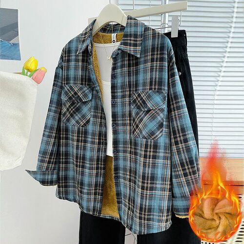 Retro sanded long-sleeved velvet lazy thick warm plaid shirt coat shirt loose new large size top