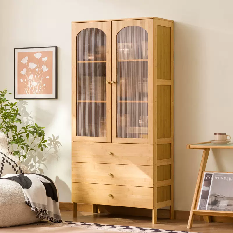 厨房餐边柜书柜带玻璃门原木橡木日式家用组合书架落地置物架