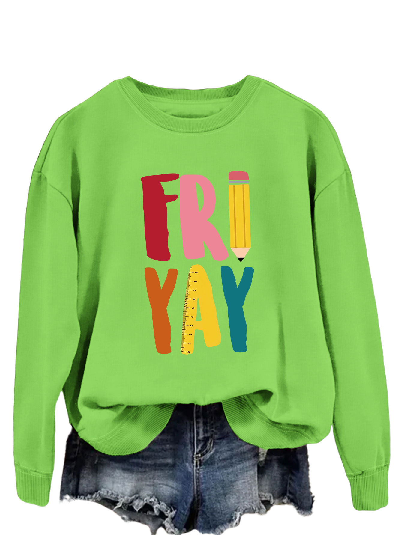 Estación independiente de moda Suelta todo fósforo superior FRI YAY lápiz divertido carta de impresión camisa de manga larga de las mujeres suéter