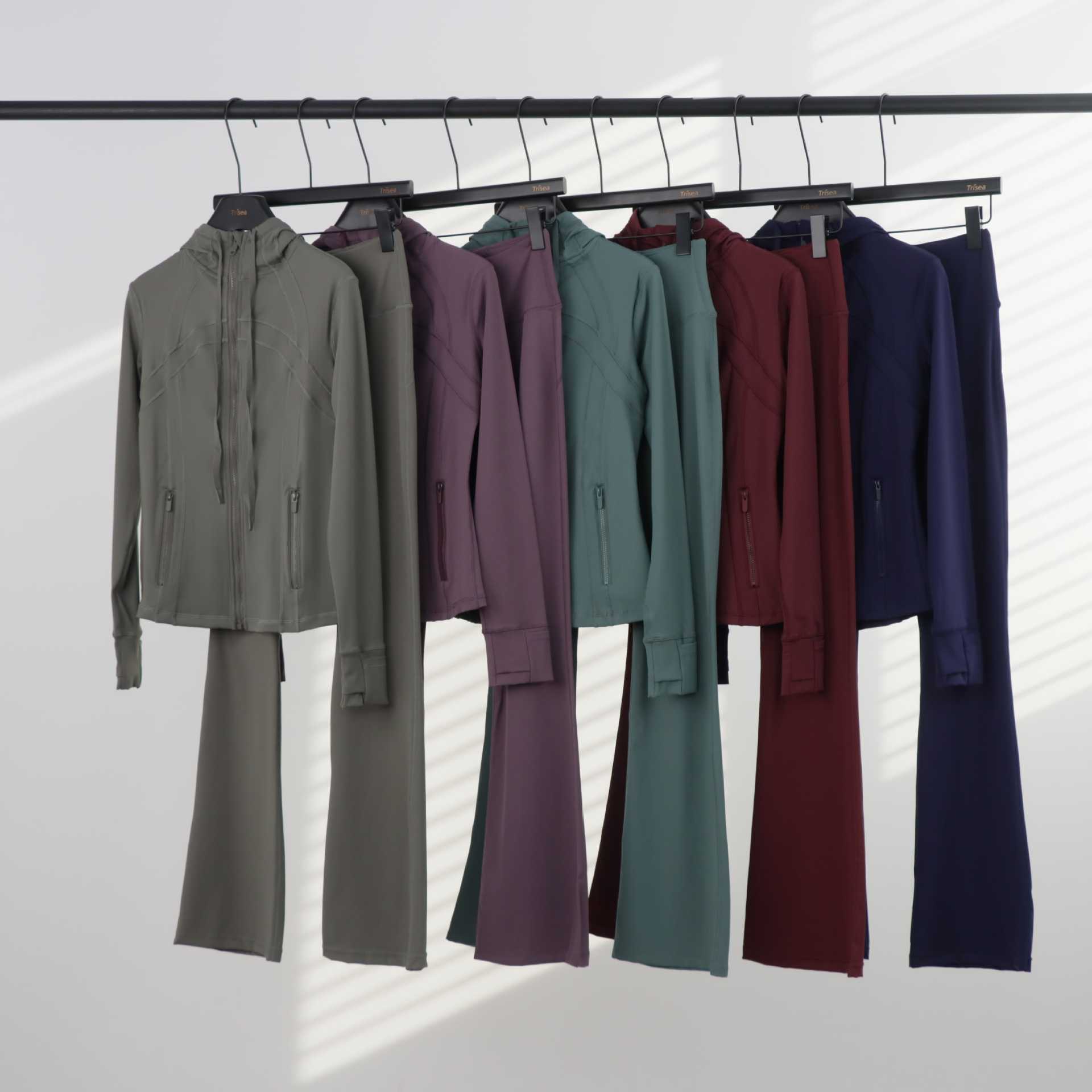 Women's Hooded Flared Jacket Set Long Sleeved Fitted Elastic Fitness Running Yoga Sportswear_ecoleips.com