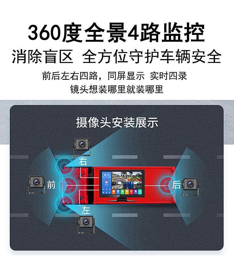 Truck four-way monitoring trailer 360-degree panoramic dashcam with high-definition night vision, reversing camera, Bluetooth music, and MP5