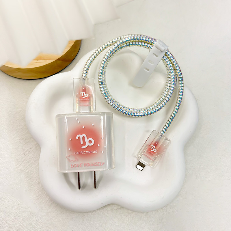 Funda protectora para cargador Apple de 20W, cubierta para cabezal de cargador de carga rápida de 18W, clip para cable, protector de cable, creativo con los doce signos del zodiaco.