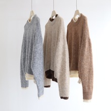 韩系拼色假两件宽松套头慵懒针织上衣女秋冬羊毛混纺破洞撞色毛衣