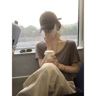 韩系灰色v领正肩短袖t恤女夏季新款慵懒风宽松大领口半袖外穿上衣