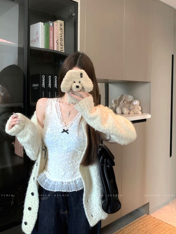 蝴蝶结蕾丝V领吊带背心女2025秋季新款甜辣妹纯欲修身打底上衣ins|undefined