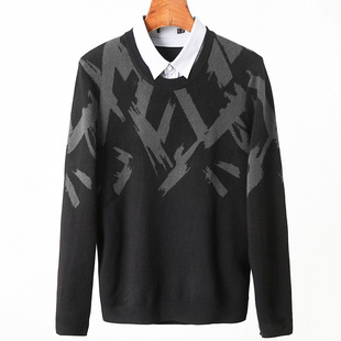 Men's fake two-piece sweater autumn and winter warm sweater slim-fit micro-elastic contrast color jacquard sweater for men 3D053