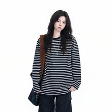 2025春季新款撞色黑白条纹长袖T恤男潮牌宽松百搭打底衫长袖t恤潮