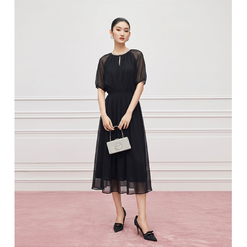 【Special Order】Hepburn Style Round Neck Chiffon Flowing Thin Dress 2026 Summer Slimming Elegant Long Dress