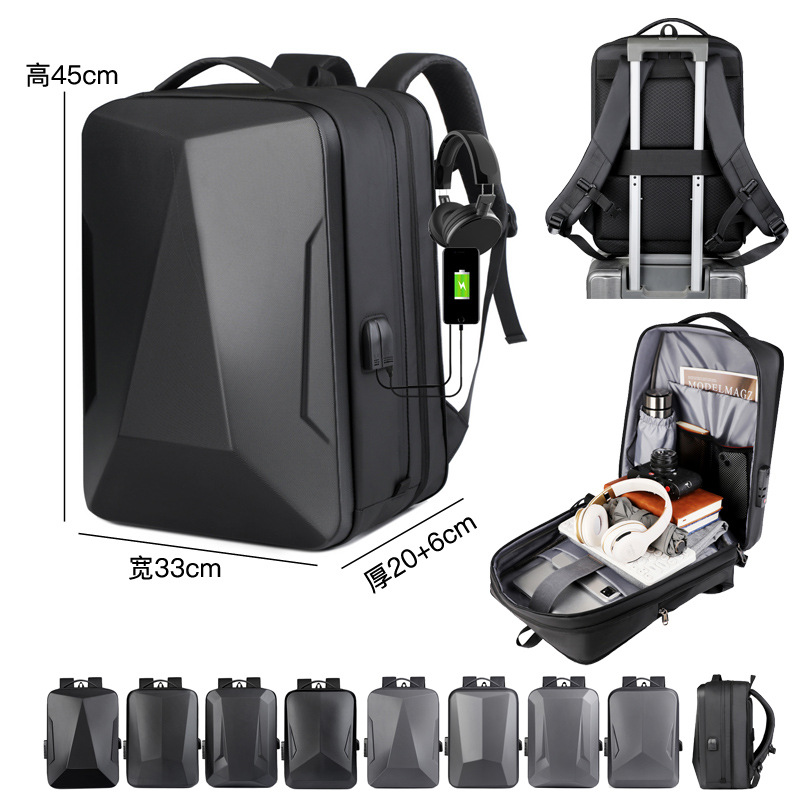 Mochila de corte de cáscara dura para hombres 2025 gran capacidad USB colgar varilla de tracción a prueba de rociamientos mochila de negocios al por mayor