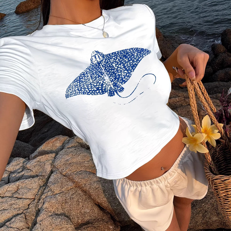 Cross-Border Women's Fashion Hot-Selling Amazon Ocean Animal Fish Print Spicy Girl Slim-Fit Crop Top T-Shirt Short-Sleeve Top