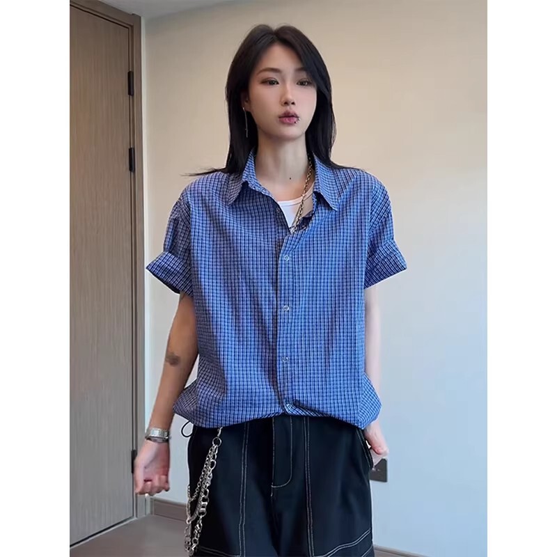 Royal Blue Houndstooth Short-Sleeve Shirt for Men, Summer High-End Short Cleanfit Drawstring Small Checkered Shirt Royal Blue Houndstooth Short-Sleeve Shirt for Men, Summer High-End Short Cleanfit Drawstring Small Checkered Shirt