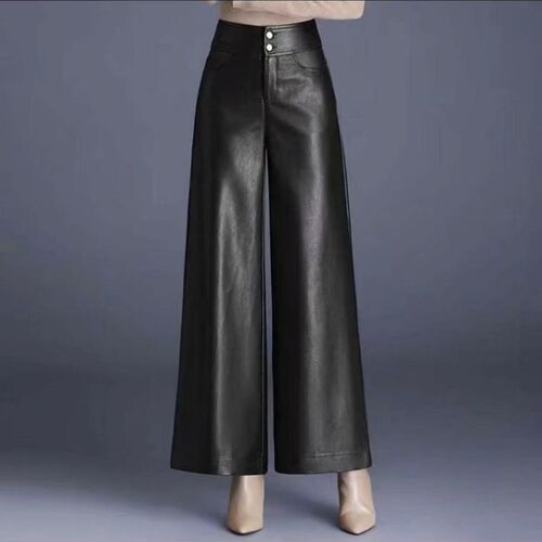 Autumn/Winter New Fashion High-Waisted PU Leather Wide Leg Pants for Women, Flowy Loose Stylish Versatile Casual Long Pants