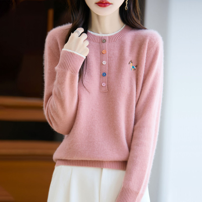 【Direct from Manufacturer】Autumn Round Neck Wool Sweater for Women, Solid Color Embroidered Versatile Fashion Knitted Base Sweater