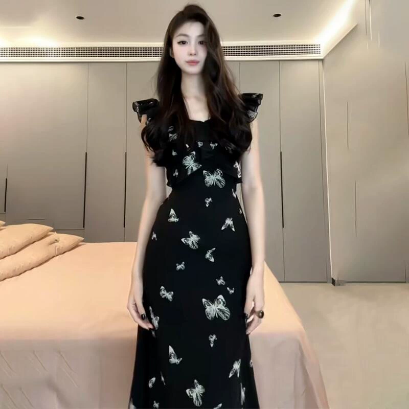 Женское элегантное черное длинное платье с цветочным принтом и небольшими рукавами-крылышками в французском стиле, новинка лета 2025 года