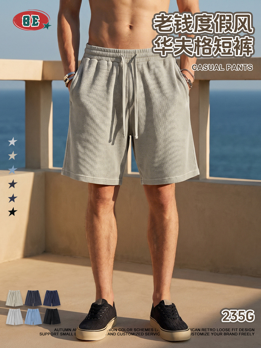 Be Hombres| Retro lavado con agua hace viejos pantalones de cinco puntos de estilo de dinero para hombre, pantalones cortos de textura de waffle sueltos transpirables para hombre