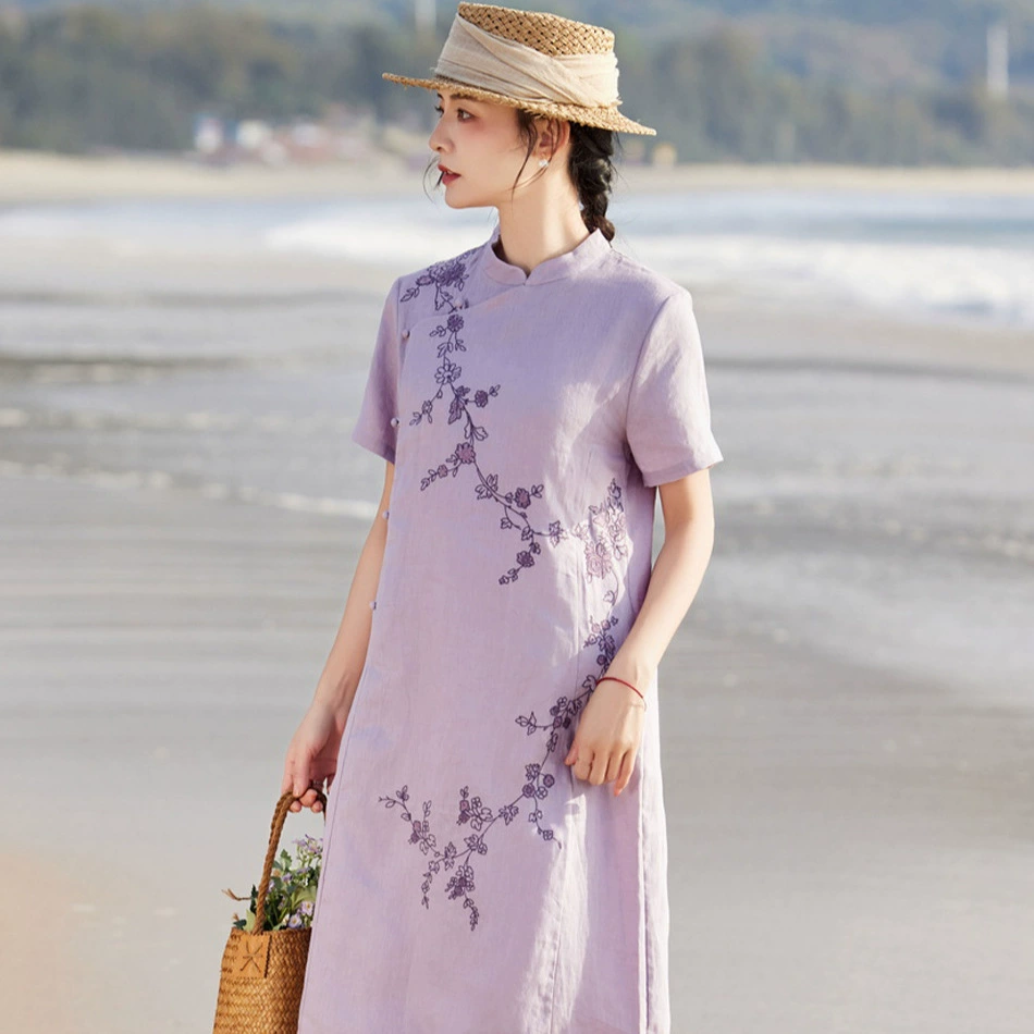 Легкий китайский стиль высокого качества льняная тяжелая вышивка платье для путешествий темперамент среднего и короткого рукава длинная юбка оптовая поставка