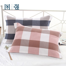 单条纱布加大加厚枕头巾学生成人情侣欧式方格提花纯棉枕巾