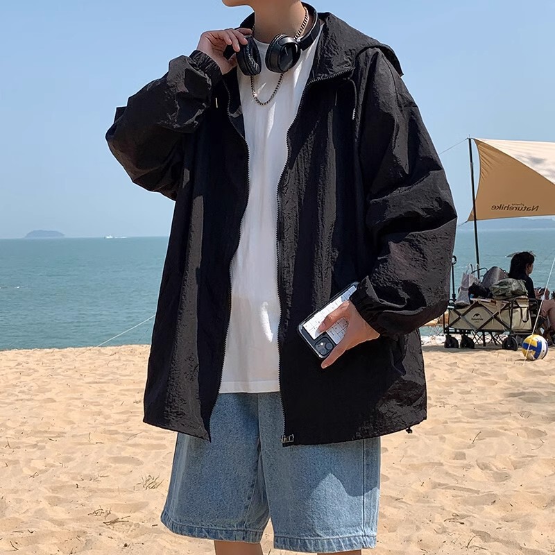 Ultra-light Thin Sun-protection Clothing Men's Summer Loose Hooded Breathable Solid Color All-match Ice Silk Jacket Hong Kong-style Casual Jacket