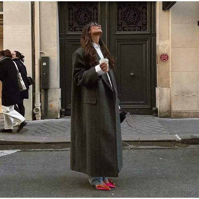 Cross-Border Women's Clothing 2025 Spring & Fall New European and American Style Large Size Loose Casual Long Stripesd Knitted Windbreaker Jacket for Women