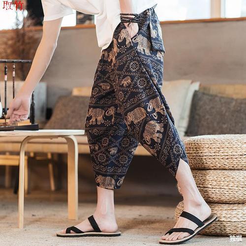 Summer Thailand Elephant Wide-Leg Pants Linen Shorts Flower Pants Lantern Pants Beach Pants 97% Pants Plus Size Men's Clothing