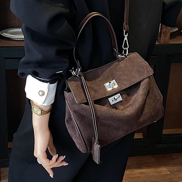 Suede Buckle Flap Convertible Handle Satchel Bag 4