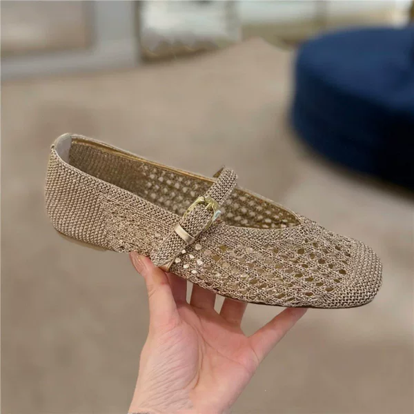Celebrity-Inspired Mesh Breathable Single-Strap Shallow Square-Toe Mary Jane Shoes with Low Heel, Comfortable Soft Sole, Flat Style