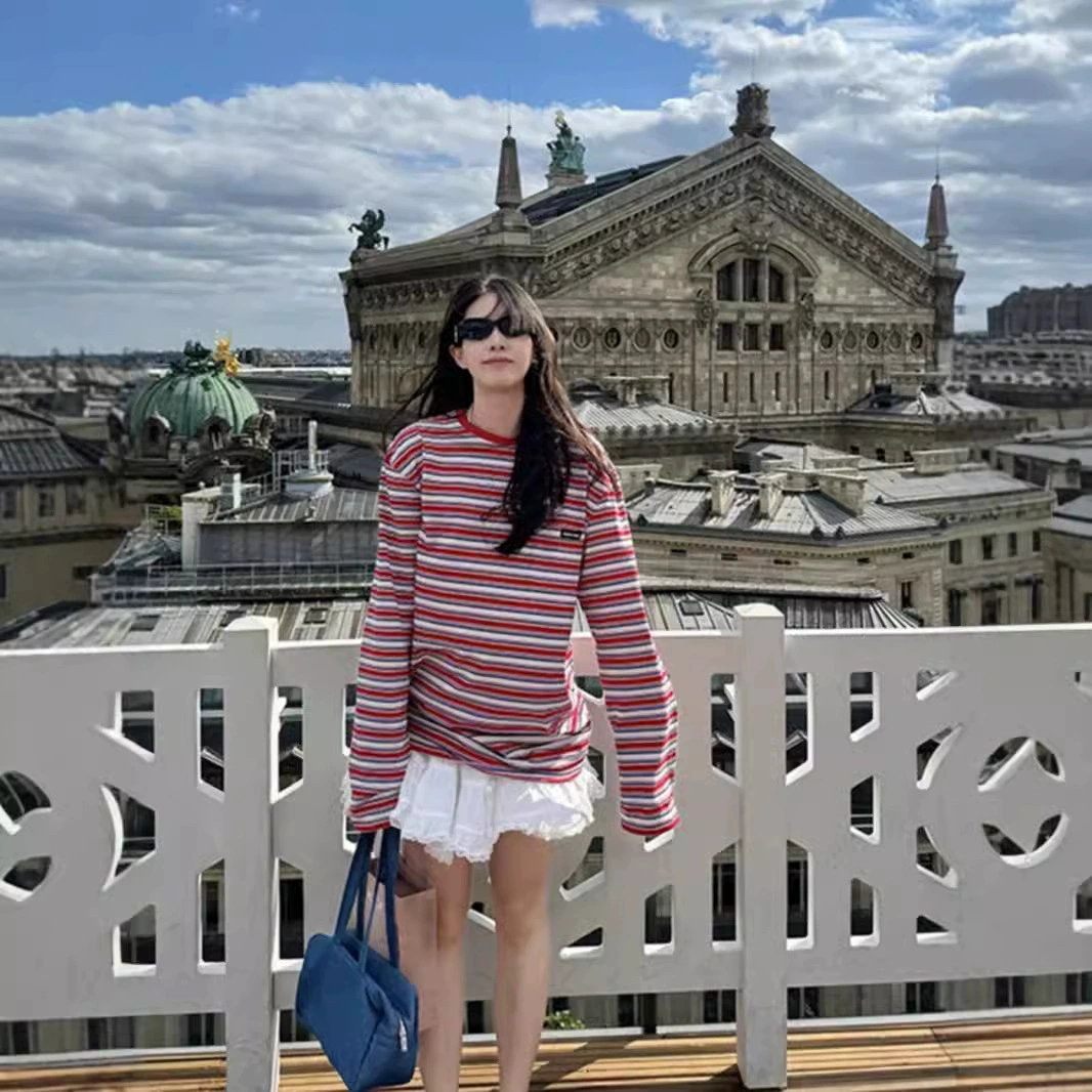 Женская универсальная осенняя футболка Miu в полоску с длинным рукавом, модная, свободного кроя, для пар, стройнящая, повседневная