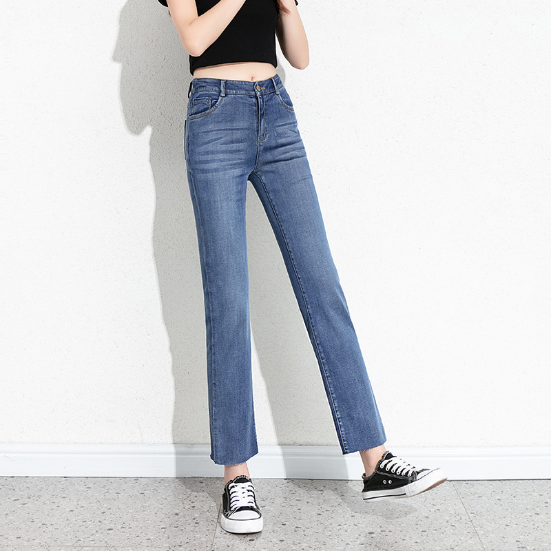If Clearance Sale for 2025 Autumn Women's Jeans: Cigarette-Style, Rhinestone-Embellished, Elastic Waist, Frayed Hem, Cropped Straight-Leg Pants, High Waist, Model 20603