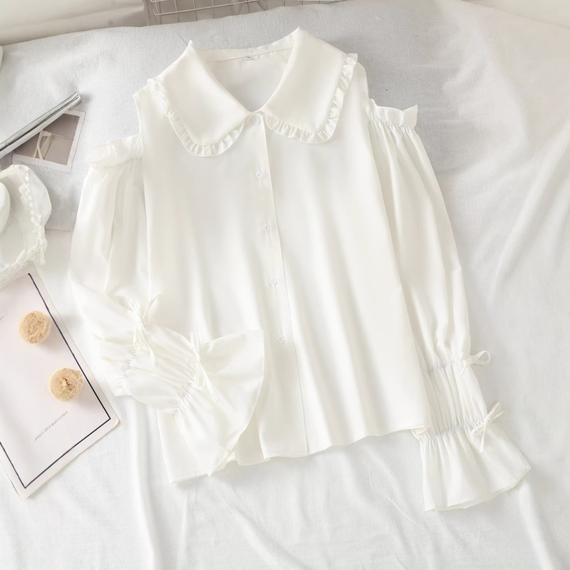 European and American Cross-Border Japanese and Korean Doll Collar Ruffled Long-Sleeve Shirt for Women, Loose Bell-Sleeve Artistic Off-Shoulder Top European and American Cross-Border Japanese and Korean Doll Collar Ruffled Long-Sleeve Shirt for Women, Loose Bell-Sleeve Artistic Off-Shoulder Top