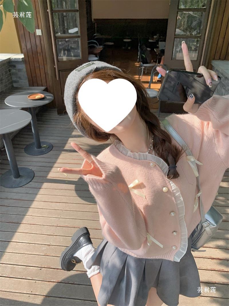 6011  달콤한 핑크 레이스 바느질 스웨터 카디건 여성의 가을 새 활 느슨한 짧은 니트 탑