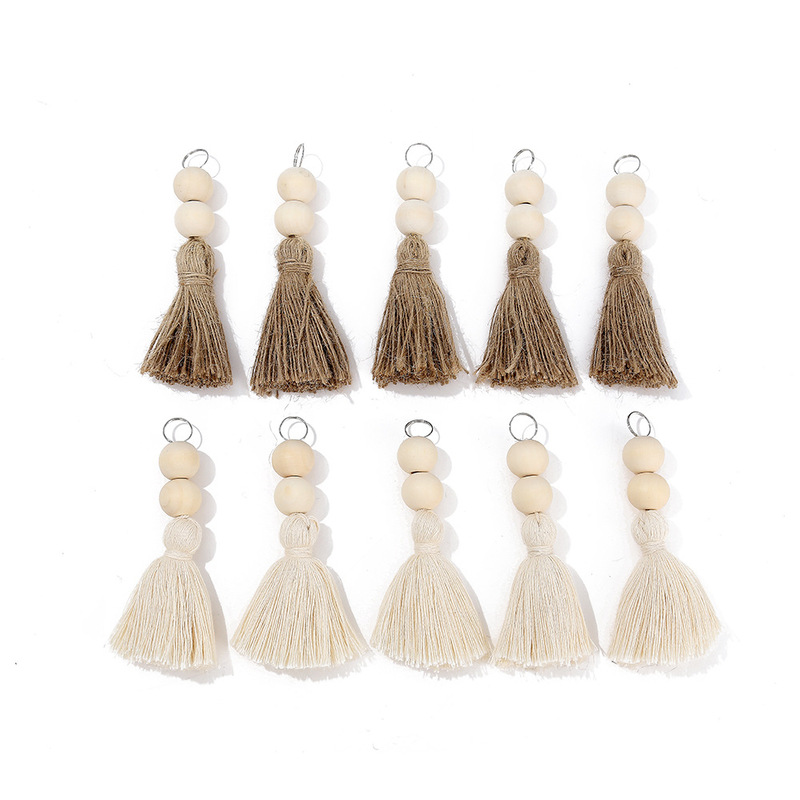 Pastoral Style Cotton Rope and Hemp Rope Tassel Wooden Bead Hanging Decoration for Home, Christmas, Wall, Cabinet, Door, Window, Curtain, and Door Curtain Decoration