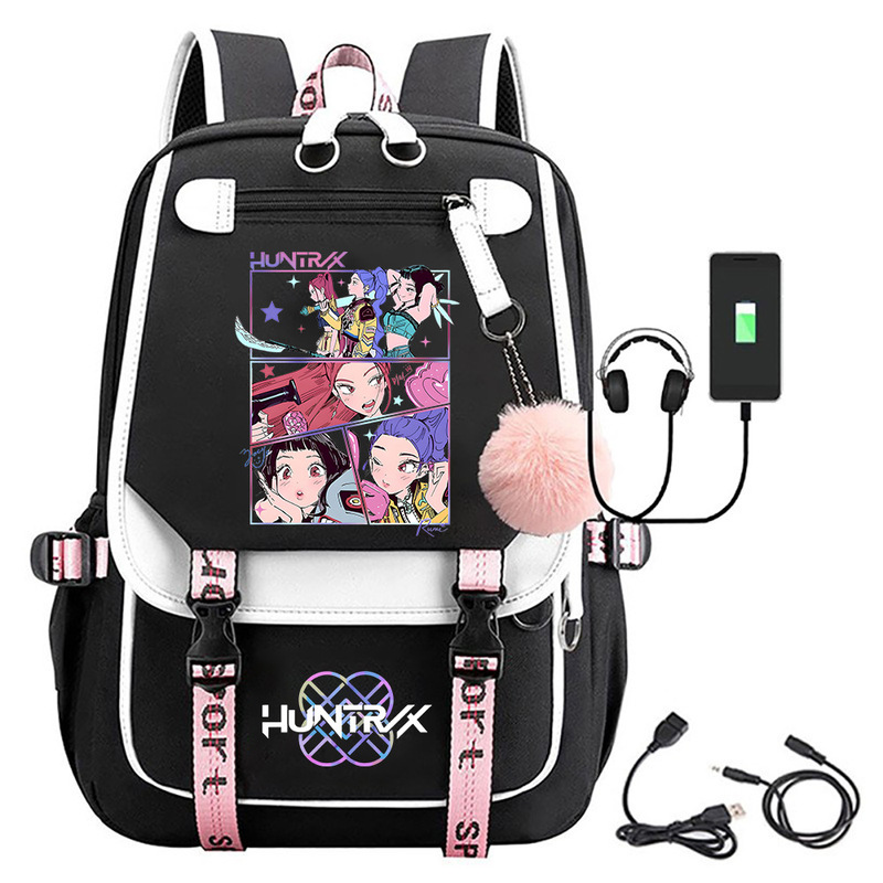 kpop猎魔女团电影周边印花双肩背包书包学生校园带毛球背包|undefined