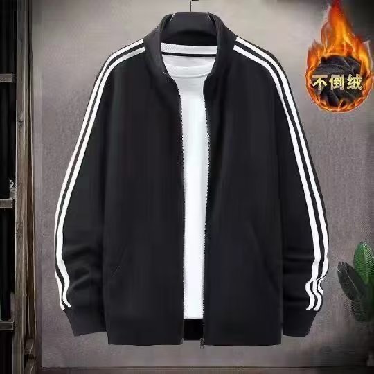 三杆卫衣男2022秋冬加绒开衫拉链外套休闲宽松百搭黑色棒球运动服
