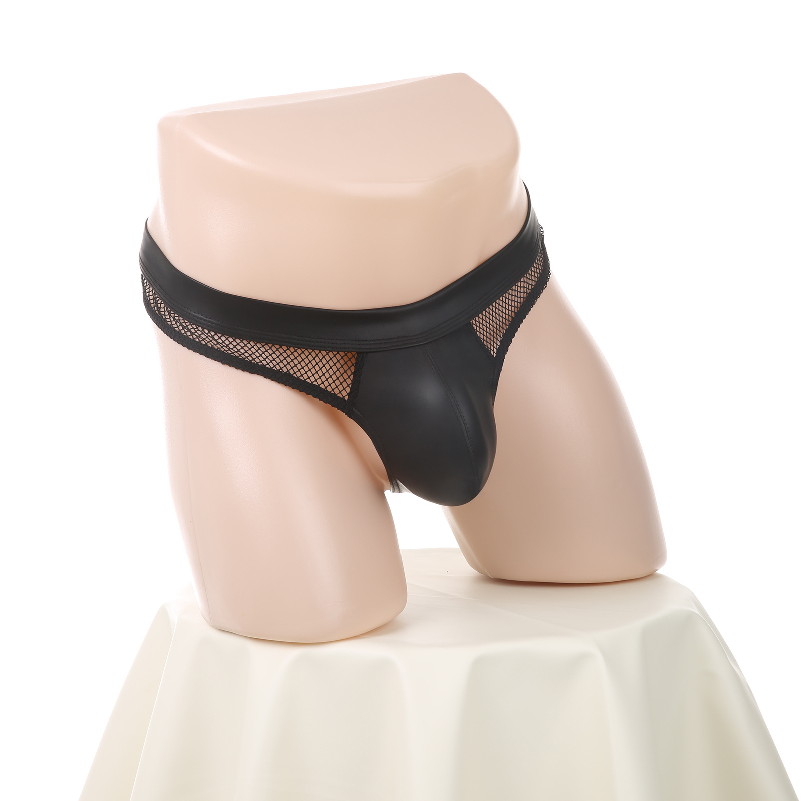 Men's Bikini Triangle Sexy Patent Leather Color Matching Mesh Underwear Low Waist Sexy New Cross-Border