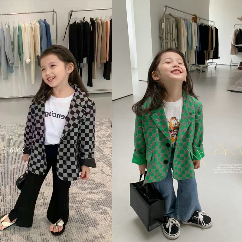 Girls jacket checkerboard casual suit to...