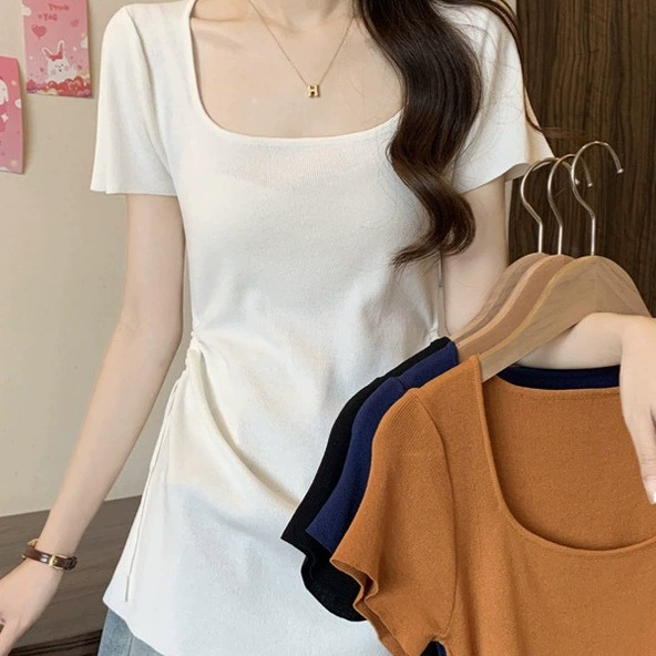 Свитер с короткими рукавами и квадратным вырезом, завязкой на талии, новый летний однотонный тонкий топ нестандартной формы