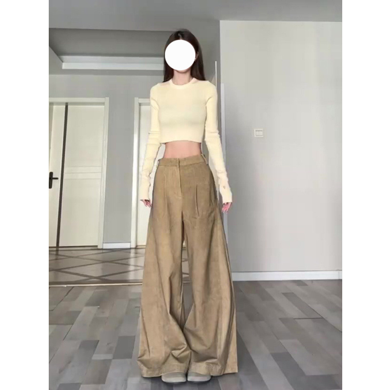 2025Chic Chic Long-Sleeved Tight Knitwear Top High Street Leaf Yellow Wide-Leg Jeans Suit Two-Piece Set