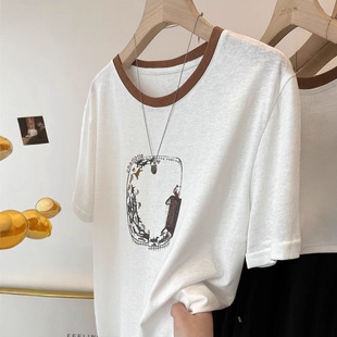 chubby girl extra large size 200kg contrast color round neck short sleeve T-shirt women's summer loose foreign style age-reducing large slim coat
