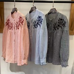 复古文艺刺绣亚麻条纹衬衫女春季新款宽松百搭减龄日系长袖上衣女