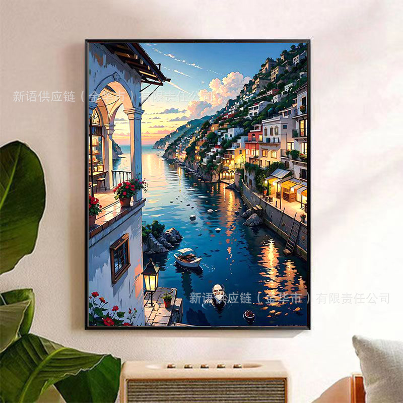 Pintura al óleo digital DIY al por mayor, paisaje costero, arquitectura, pintura decorativa para colgar en la sala de estar, pintura decorativa de villa costera, 30*40*5 image 11