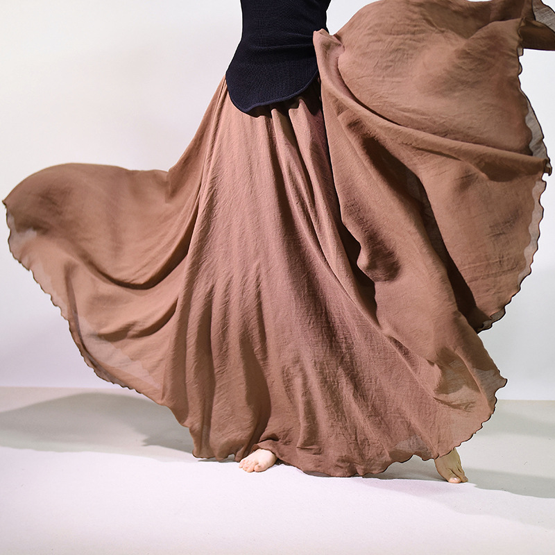 森女文艺大码棉麻半身裙松紧腰亚麻A字裙 长款纯色民族风大摆裙