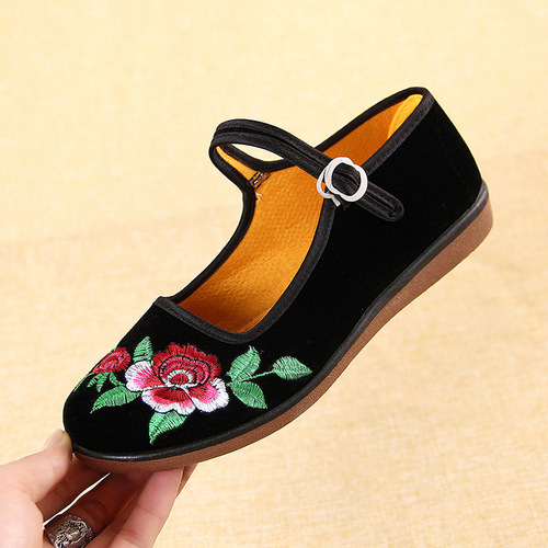 Women's Flat Embroidered Shoes, Black Soft Soles, Dance Hotel Work Dad's Canvas Shoes, Breathable and Comfortable