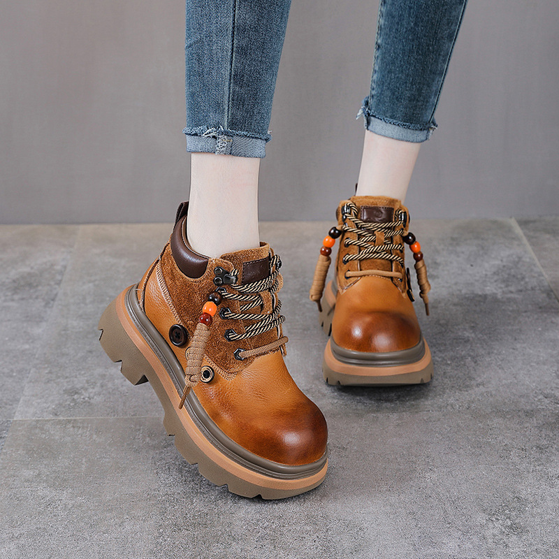 First-Layer Cowhide Retro Boots for Women in Autumn and Winter New Style Small Heightening Casual Ankle Boots Outdoor Work Boots