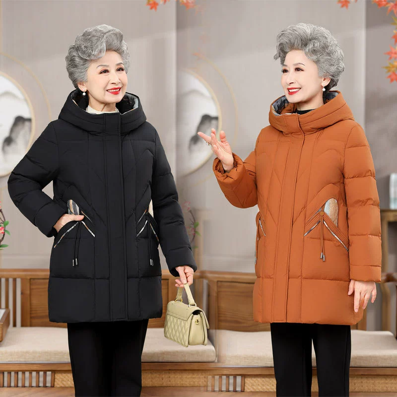 Зимняя одежда для пожилых женщин, длинная пуховая куртка для матери средней школы для больших размеров и утепленная куртка для старой леди в западном стиле для бабушек с хлопковой подкладкой