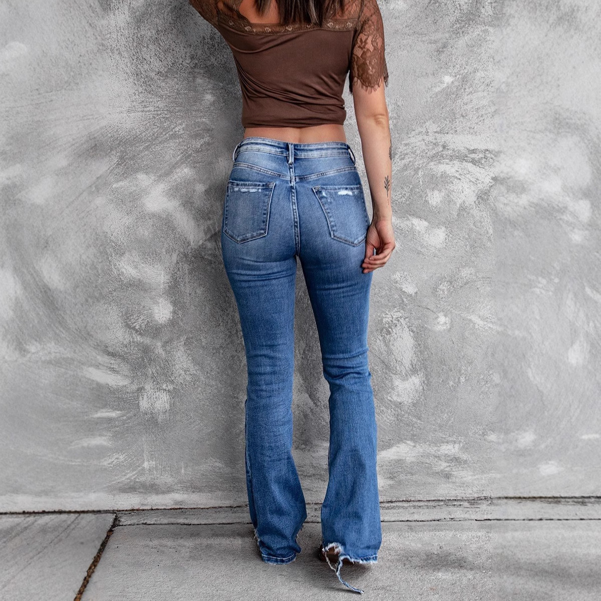 Jeans Acampanados de Cintura Alta para Mujer de Mezclilla, Alta Elasticidad, Rasgados, Borde Deshilachado, para Uso Casual image 5