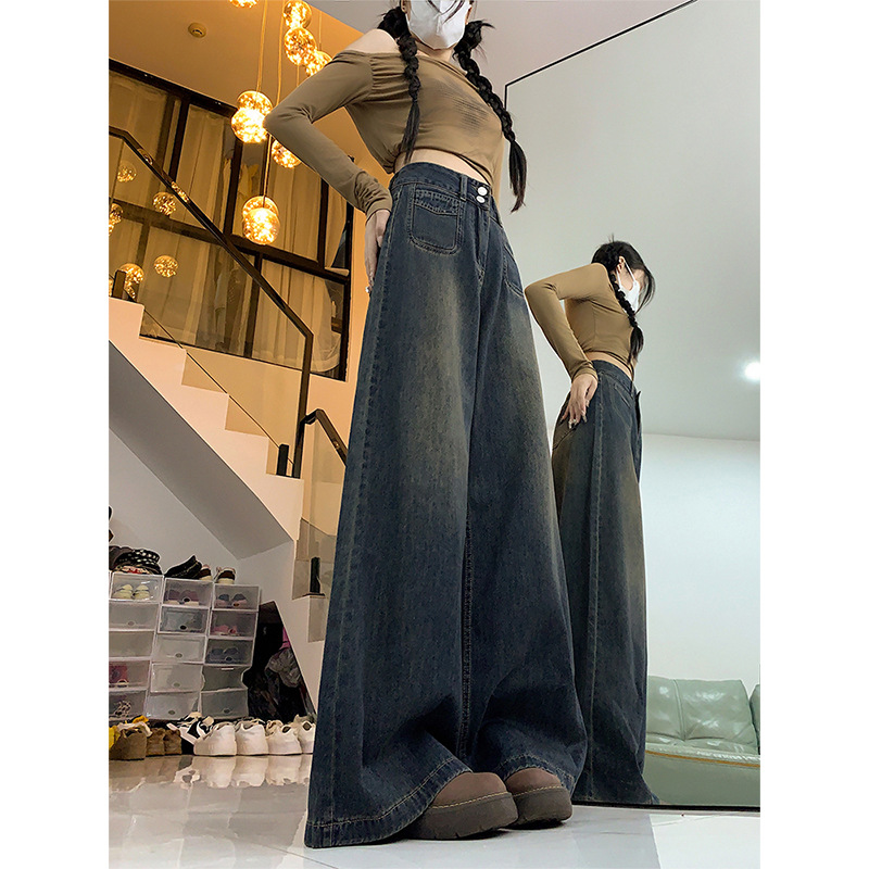 Cement Grey American Wide Leg Jeans Women's 2024 Autumn and Winter fleece-lined Loose High Waist Loose Slimming plus size Floor