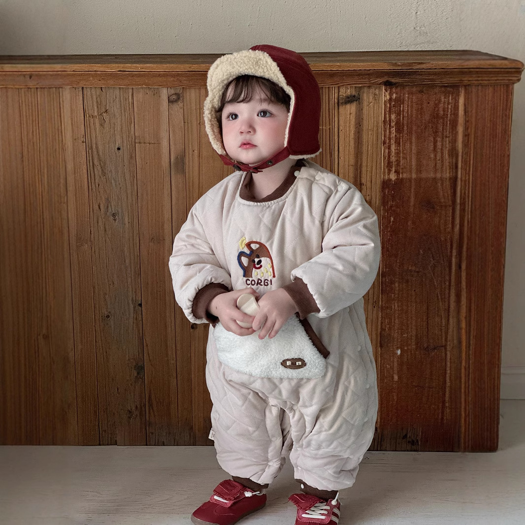 Ropa coreana para niños, ropa de invierno, mamelones gruesos y cálidos, dibujos animados, cachorros lindos con la cabeza inclinada, una pieza
