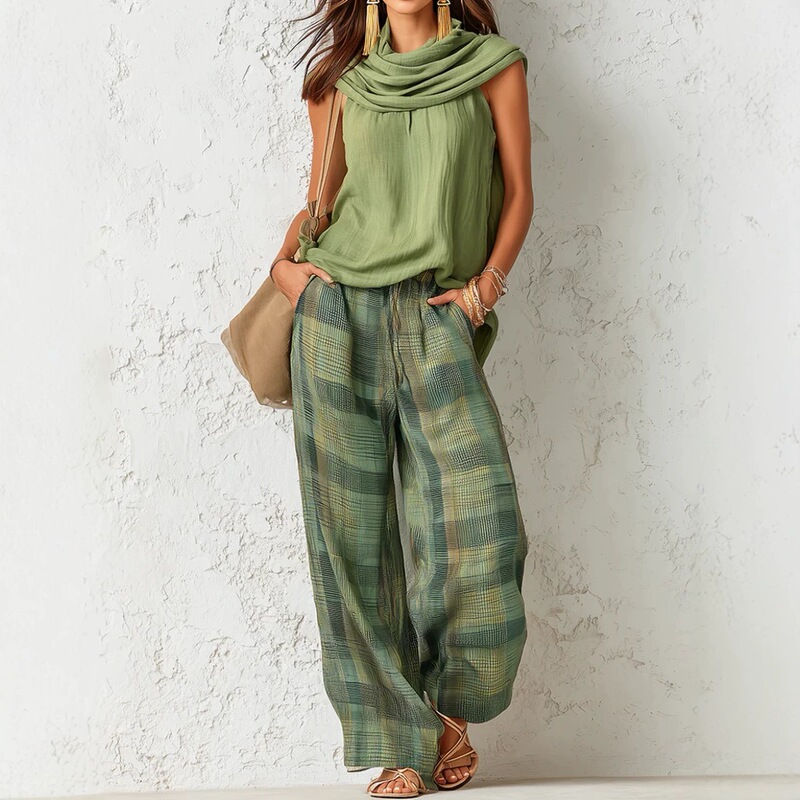 2026 New European and American Cross-Border Women's Outfit: Vintage Style Casual Fashion Sleeveless Top and Plaid Pants Set 2026 New European and American Cross-Border Women's Outfit: Vintage Style Casual Fashion Sleeveless Top and Plaid Pants Set